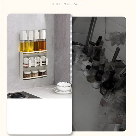 Suport pentru Depozitare Condimente, Ulei, Otet, Cyrax, Montare pe Perete din 12 Piese, Uz Casnic, pentru Bucatarie, 31 x 13.5 x 50.4cm, Alb