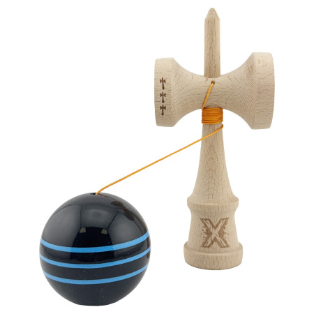 Kendama X Originala, Profesionala, Cyrax, Big Cups V2, Super Sticky Legendary Cupe Mari, Rulment Metalic cu Ata 55 cm, Negru/Linii Albastre deschise