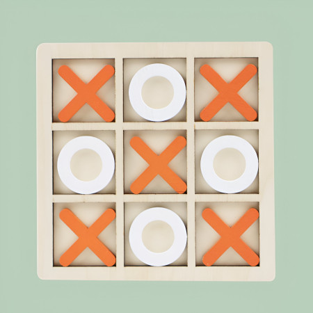 Jucarie Montessori Tic Tac Toe, Cyrax, Educativa, Interactiva, din lemn, X si O, 9 Piese, 14.3x14.3 cm, Portocaliu Alb