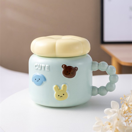 Cana pentru Copii, Cyrax, din Portelan, print Figurine Animalute, Model CUTE, Cana cu Capac, Ceasca pentru Cafea, Ceai, 400ml Albastru deschis