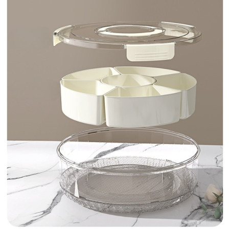 Cutie de Depozitare pentru Alimente, Cyrax, cu 6 Compartimente, pentru Condimente, Fructe, Legume, cu Manere de Prindere, Rotativa 360 de Grade, Inchidere Ermetica, 32x10 cm, Alba