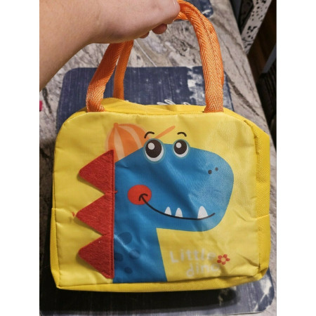 Geanta Termoizolanta pentru Copii, Cyrax, 23x13x19 cm, Model Imprimeu Dinozaur, din Folie de Aluminiu si Panza Oxford, Albastru/Galben