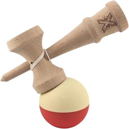 Kendama X Originala, Profesionala, Cyrax, Rubber Grip, din Lemn, 18 cm, Galben deschis/Rosu