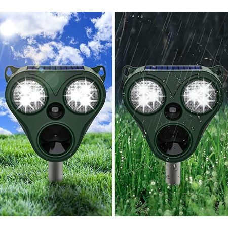Aparat Solar LED cu Ultrasunete,  Repelent pentru Animale Mari si Mici, Lumina Rosie si Alba, Anti Rozatoare, Anti Insecte, Frecventa 13.5KHZ-65 KHZ, Senzor PIR, 13 x 14.7 x 24.5 cm, Verde