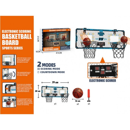 Set 2 Cosuri de Baschet pentru Copii, Cyrax, cu Tablou de Bord Electronic, Pentru 2 Jucatori, Minge, Pompa, 2 Moduri, Interior/Exterior, Inel Metalic si Rabatabil cu Arc, Luminos, 60x31x6 cm, Multicolor