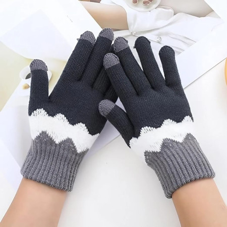 Manusi de Dama,  Model Ondulat, Functie Touchscreen (ecran tactil), Material Acril Tricotat, Manseta Elastica, Interior Catifelat, Marime Universala, Gri/Alb