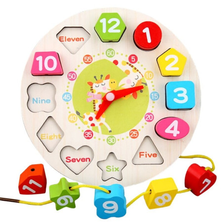 Jucarie Educativa Cyrax, Tip Montessori, Model Ceas Girafa, din Lemn, + 36 Luni, 12 Piese, 17 cm, Multicolor
