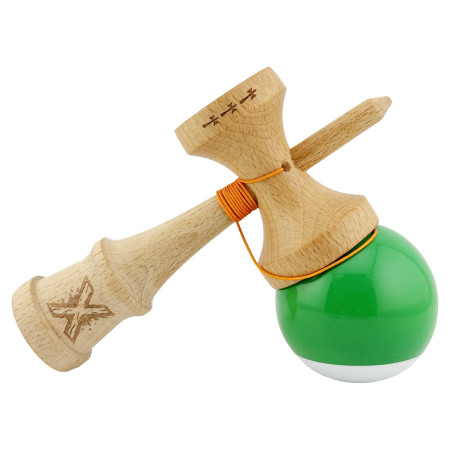 Kendama X Originala, Profesionala, Cyrax, Big Cups V2, Super Sticky cu Cupe Mari, din lemn 18 cm, Rulment Metalic cu Ata 55 cm, Verde/Alb