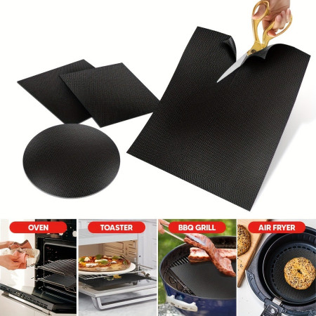 Set 4 Folii Antiaderente din Teflon, Cyrax, Multifunctionale, Rezistente la Apa si Temperaturi Ridicate, pentru Gratar, Cuptor, BBQ Grill, 40x33 cm, Negru