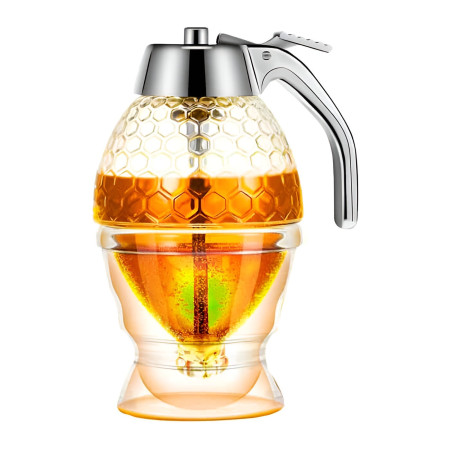 Dozator de Miere, Cyrax, Dispenser fara Picurare, Borcan Tip Fagure, fara Scurgeri, pentru Zahar si Sirop, 15x8 cm, Transparent