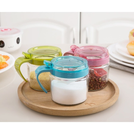 Recipient Condimente, Cyrax, din Stilca, 180 ml, cu Maner si Lingurita, 8 x 9 cm, Capac Transparent, Albastru