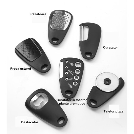 Set 6 in 1 mini ustensile bucatarie Cyrax, taietor pizza, cutit, curatator, razatoare, desfacator, presa usturoi, manere din ABS, lame ascutite din otel inoxidabil, 7.1 x 12.9 x 4.8 cm,  negru