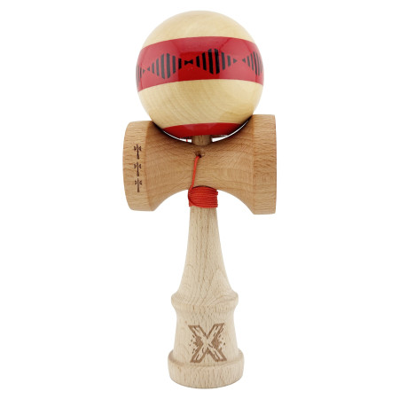 Kendama X FREQUENCY Originala, Profesionala, Cyrax, Big Cups V2, Super Sticky cu Cupe Mari, Rulment Metalic, din lemn 18 cm, Ata 55 cm, Rosu/Maro