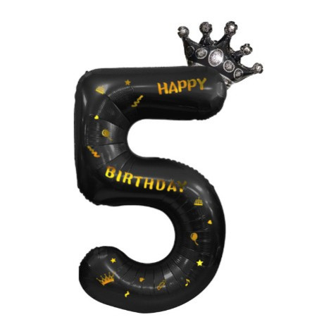 Balon din Folie Metalizata Cyrax, Figurina Cifra si Coroana, Scris Happy Birthday, Tema Aniversare 100 cm, Ambalaj Individual, Pai inclus, Umflare cu Aer sau Heliu, Negru, Cifra 5
