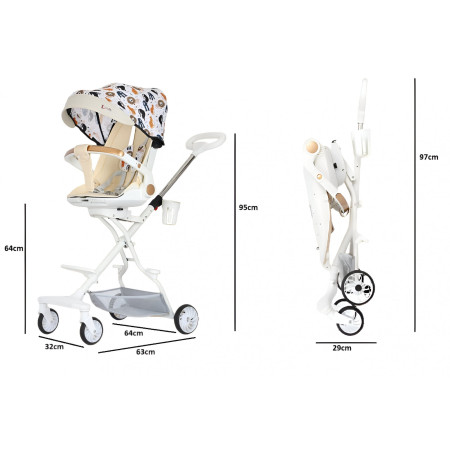 Carucior Sport Cyrax 3in1, 6-36 Luni, Reversibil, Pliabil, Tavita pentru Masa, Pozitie de Somn, Centura de Siguranta, Roti 360, Suport Pahar, Copertina pentru Soare, 32x63x95cm, Crem Model Jungla