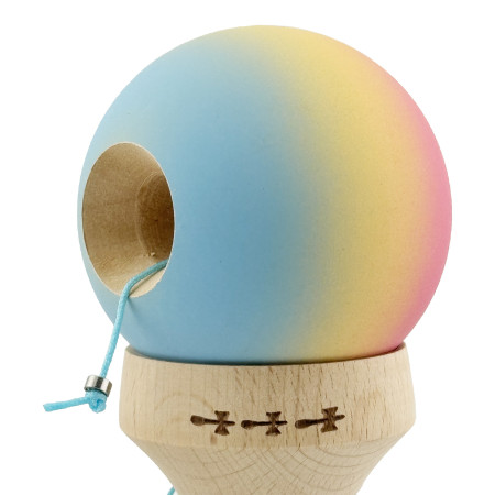 Kendama X Originala, Profesionala, Cyrax, Cupe Mari KING SIZE V3, Rubber Grip, Gaura in Baza, Rulment Metalic, din lemn 18 cm, Ata 62/65 cm, Gradient Roz/Galben/Albastru deschis
