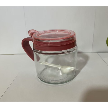 Recipient Condimente, Cyrax, din Stilca, 180 ml, cu Maner si Lingurita, 8 x 9 cm, Capac Transparent, Roz