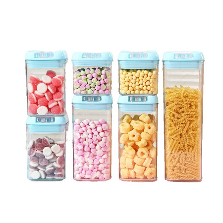 Set 7 Cutii de Depozitare Alimente, Cyrax, 2 x 500ml, 2 x 800ml, 2 x 1200ml, 1 x 1900 ml, Capac Albastru, din PP+PET, Inchidere Ermetica, Transparent