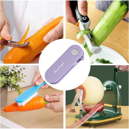 Peeler pentru Legume si Fructe, Cyrax, 3.6 x 9.1 cm, Multifunctional, Curatator Pliabil, din ABS si Otel Inoxidabil, Mov