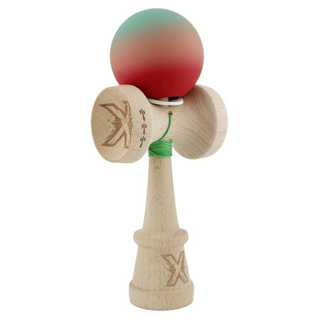 Kendama X Originala, Profesionala, Cyrax, Cupe Mari KING SIZE V3, Rubber Grip, Gaura in Baza, Rulment Metalic, din lemn 18 cm, Ata 62/65 cm, Gradient Verde/Roz/Rosu