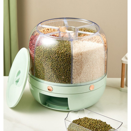 Dozator de cereale Cyrax, rotativ 360, 6 compartimente, capacitate 6 L, rezistent la umezeala, inchidere etansa, verde deschis