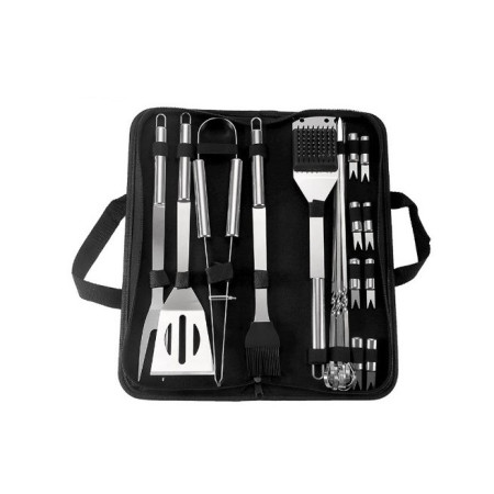 Set 20 Ustensile pentru Gratar, Cyrax, din Otel Inoxidabil, Geanta Oxford, Argintiu