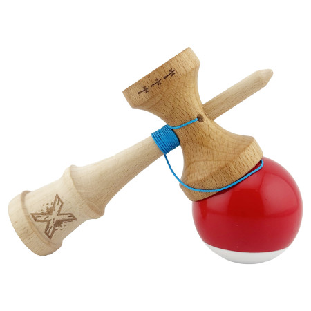 Kendama X Originala, Profesionala, Cyrax, Big Cups V2, Super Sticky cu Cupe Mari, din lemn 18 cm, Rulment Metalic cu Ata 55 cm, Rosu/Alb