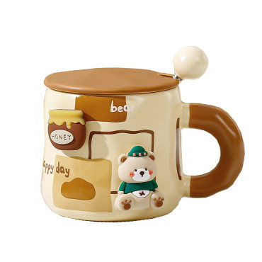 Cana din Ceramica, Cyrax, Model Urs pentru Baieti, Cana Universala, Cana pentru Ceai, Cana cu Lingura Metalica si Capac, 9.6 x  9.5 x 9.5 cm, 400 ml Bej