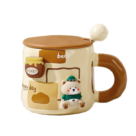 Cana din Ceramica, Cyrax, Model Urs pentru Baieti, Cana Universala, Cana pentru Ceai, Cana cu Lingura Metalica si Capac, 9.6 x  9.5 x 9.5 cm, 400 ml Bej