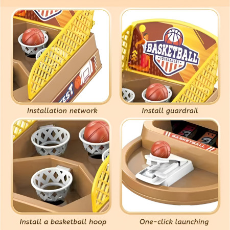 Joc de Masa Mini Baschet Interactiv pentru Copii, Cyrax, 4 Cosuri, 3 Mingi Incluse, 23.5x11.5x14 cm, Maro