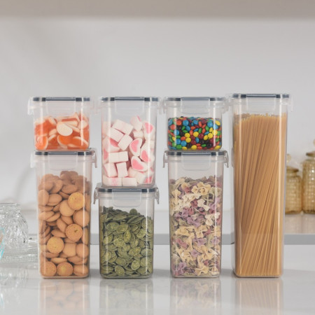 Cutii de depozitare alimente, Cyrax, Set din 7 Cutii pentru Condimente, Cereale, Cutii pentru Bucatarie, din Plastic PP, Cutii Alimentare, Diferite Dimensiuni, Transparente