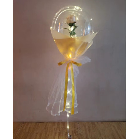 Buchet Decorativ, Cyrax, Trandafir in Balon cu Lumini Led, Diametru 35 cm, 2 x Baterii AA (neincluse), Sampanie