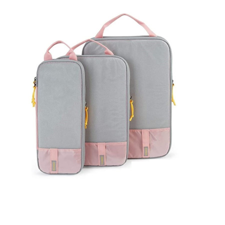 Set 3 Genti de Calatorie  Pentru Depozitare, Compresibile, 3 Dimensiuni, Mic, Mediu, Mare, Impermeabile, Fermoar Dublu, Roz