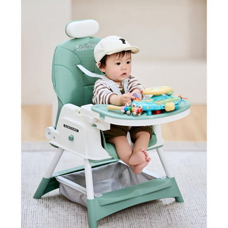 Scaun de Masa pentru Bebelusi si Copii Cyrax, cu Roti, cu Tetiera, Telescopic, Pliabil, Masuta Reglabila, Suport Picioare, Scaun cu Invelis Piele Artificiala, Centura Siguranta, Spatiu Depozitare, 97 x 73 x 65 cm, Albastru