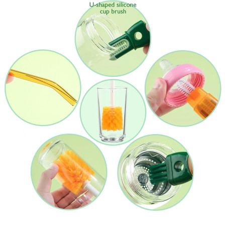 Perie 5 in 1 de Curatat Pahare, Cani, Sticle, Cyrax, cu Maner Lung, Accesorii pentru Spalarea Paielor si Capacelor, Usor de Agatat, 36x7x7cm, Portocaliu-Alb