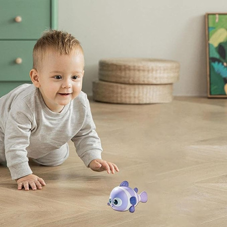 Jucarie mecanica pentru copii Cyrax, pestisor haios, cu cheita, distractiv, se taraste, se misca, 11 x 9 x 7.5 cm cm, mov