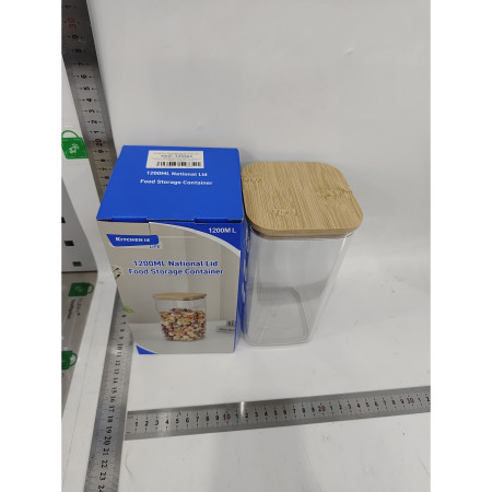 Cutie de Depozitare Alimente, Cyrax, Cutie de tip Container, Cutie pentru Cereale, din Plastic, Capac din Bambuc, 10 x 10 x 19 cm, Volum 1.2l, Transparent