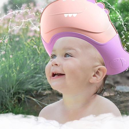 Casca de Dus, Cyrax, Previne Scurgerea Apei si Samponului pe Fata, 0-12 Ani, Ajustabila, din TPE+PP, 20 x 23 cm, Model Crocodil, Roz/Mov