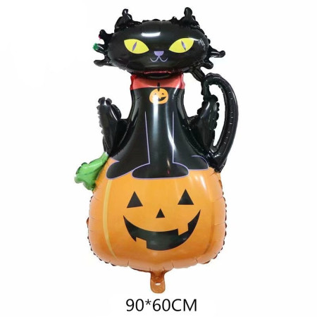 Set 5 Baloane din Folie Metalizata, Cyrax, Figurine, Tema Halloween, Pai Inclus, Ambalaj Individual, Umflare cu Aer sau Heliu, Figurina Dovleac si Pisica 90x60 cm, Stelute si Cerculete 45 cm, Portocaliu-Negru