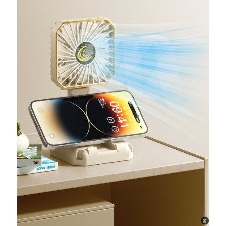 Ventilator Portabil,  de Gat, de Birou, Suport Telefon, 14 x 7 cm, Incarcare USB, din ABS, 3 Viteze, Bej