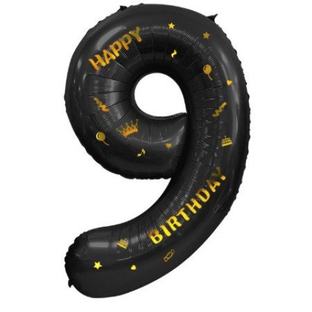 Balon din Folie Metalizata Cyrax, Figurina Cifra, Scris Happy Birthday, Tema Aniversare 100 cm, Ambalaj Individual, Pai inclus, Umflare cu Aer sau Heliu, Negru, Cifra 9