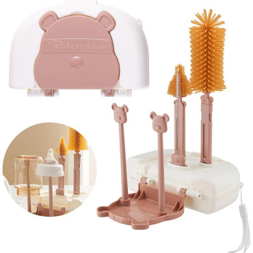 Set 7 Piese de Spalat/Uscat Biberoane, Cyrax, Portabil, Peri de Silicon, pentru Tetine, Suzete, Biberoane, Paie, Cutie Inclusa, 16 x 11 x 5 cm, Model Ursulet, Maro