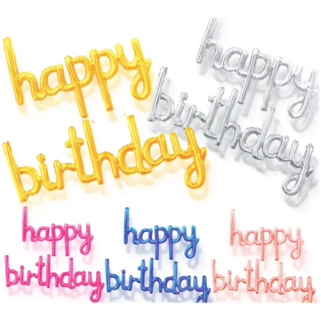 Set Baloane din Folie Metalizata, Cyrax, Model Happy Birthday, 45x85 cm, 45x124cm, Baloane Party, Ambalaj Individual, Pai Inclus, Umflare cu Aer sau Heliu, Roz Pal