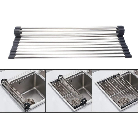 Cyrax Covoras de Scurgere pentru Chiuveta Bucatarie, din Otel Inoxidabil, Suport Chiuveta, Pliabil, Antiderapant, Usor de Curatat si de Depozitat, 37x30 cm, 15 Tuburi, Negru