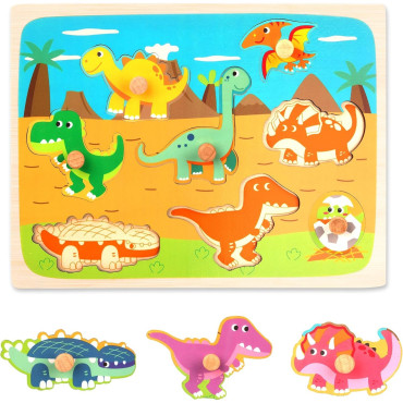 Puzzle Montessori din Lemn pentru Copii, Cyrax, 3D, 0-3 Ani, Model Dinozauri, Educativ, Intuitiv, Creativ, 8 Piese, 30x22.5x0.8 cm, Multicolor