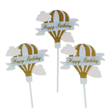 Set 3 Toppere pentru Tort, Cyrax, Model Balon cu Aer Cald Happy Birthday, Tematica Aniversare, Albastru