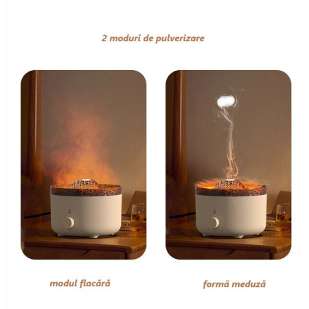 Umidificator de tip vulcan,  cu aromaterapie, cu telecomanda, 560 ml, model V21A, alb