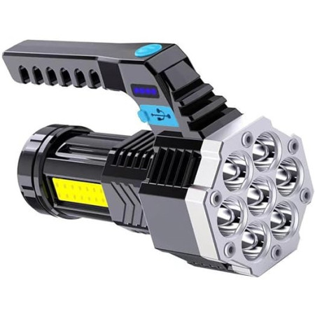 Lanterna LED Lumina Puternica, Rezistenta la Apa, Tip Proiector COB,  Lanternă Reincarcabila, USB, cu Maner pentru Drumetii, Lanterna de Urgenta, Aer Liber, 14.1 x 6.4 cm, Culoare Negru cu Comutator Albastru