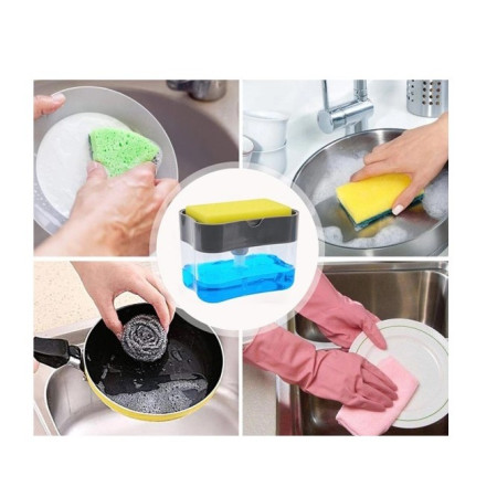 Dozator Cyrax, Dispenser 2 in 1 pentru Detergent Lichid de Vase sau pentru Obiecte Sanitare cu Suport pentru Burete de Bucatarie ,14 x 10.5 x 10 cm, capacitate 380 ml, gri