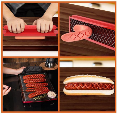 Feliator manual pentru hot-dog Cyrax, crestare carnati si hot-dog, manual, potrivit pentru gratar, 29.5 x 6.5 cm, din inox si ABS, rosu